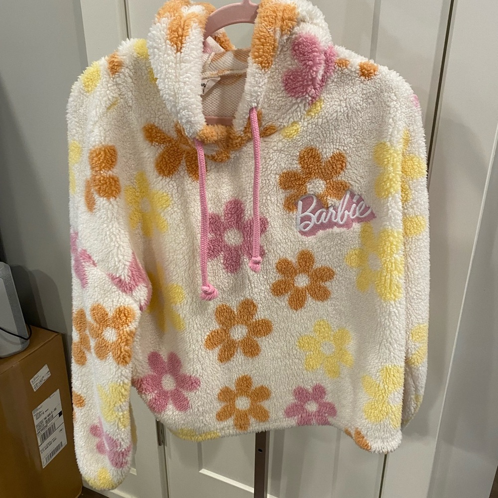 Barbie Logo Floral Fleece Hoodie Sweatshirt Size Junior’s Large